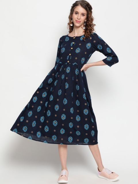 

THE NKS PLUS Navy Blue & Yellow Ethnic Motifs Ethnic A-Line Midi Dress