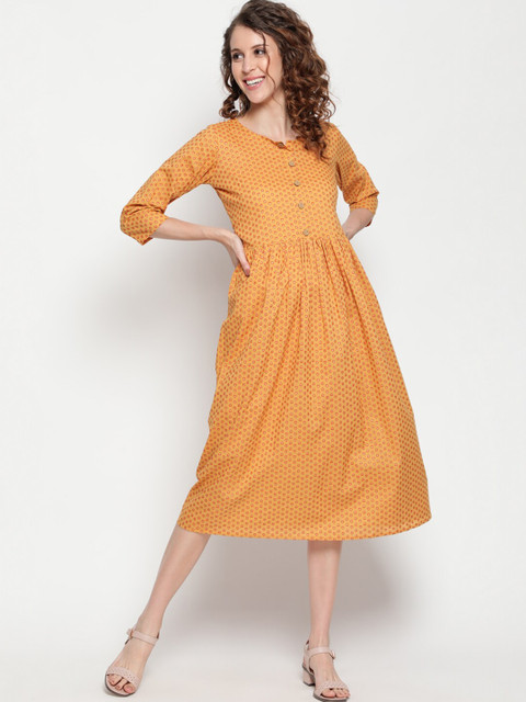 

THE NKS PLUS Mustard Yellow & Orange A-Line Cotton Midi Dress
