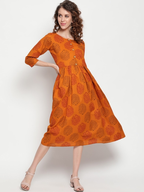 

THE NKS PLUS Orange Ethnic Motifs Cotton Midi Dress