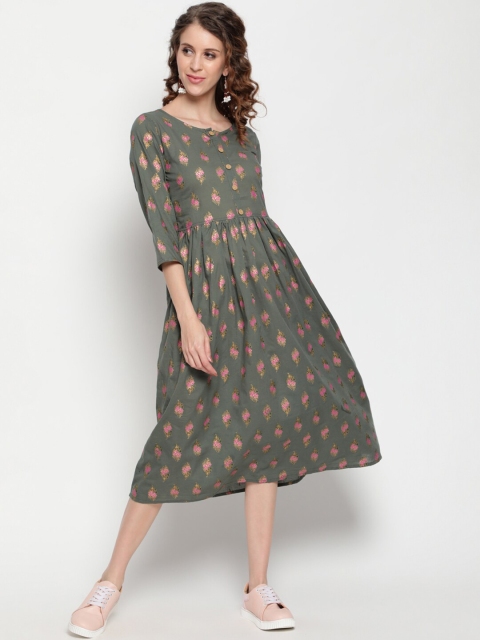

THE NKS PLUS Green Floral A-Line Midi Dress
