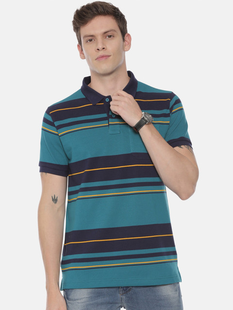 

Classic Polo Men Multicoloured Striped Polo Collar Pockets Slim Fit T-shirt, Multi