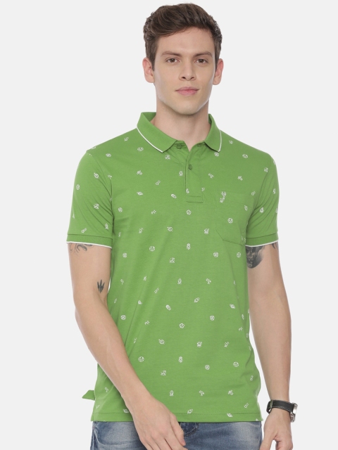

Classic Polo Men Green & White Printed Polo Collar Pockets Slim Fit Pure Cotton T-shirt