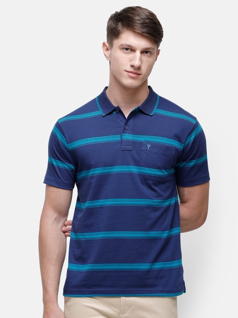 

Classic Polo Men Navy Blue Striped Polo Collar Pure Cotton T-shirt