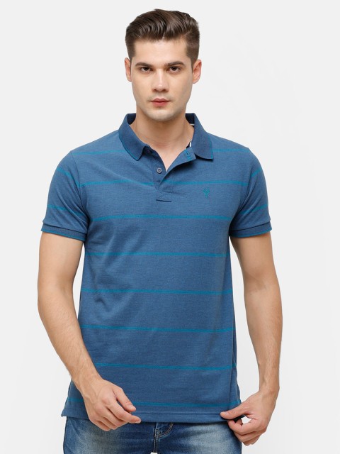 

Classic Polo Men Blue Striped Polo Collar Slim Fit Pure Cotton T-shirt