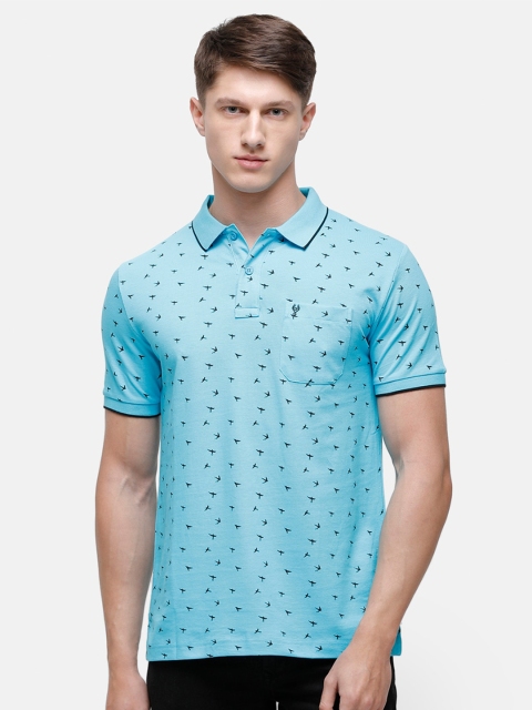 

Classic Polo Men Turquoise Blue Printed Polo Collar Cotton Slim Fit T-shirt