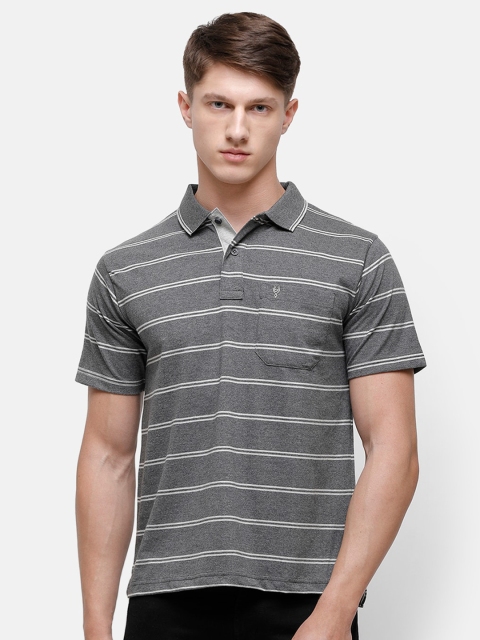 

Classic Polo Men Grey Melange Striped Polo Collar Pockets T-shirt