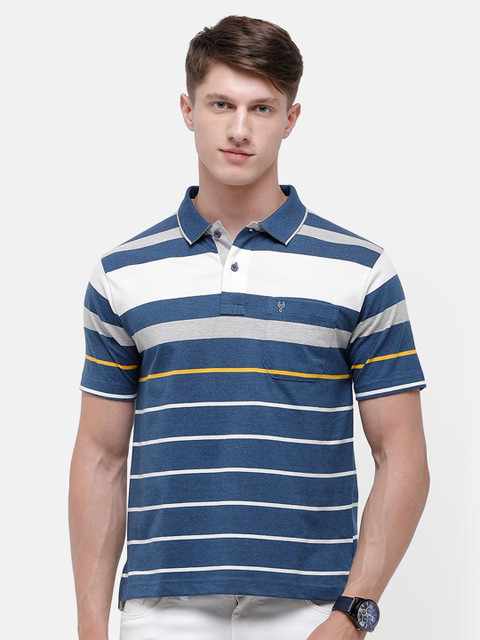 

Classic Polo Men Blue & White Striped Polo Collar Cotton T-shirt