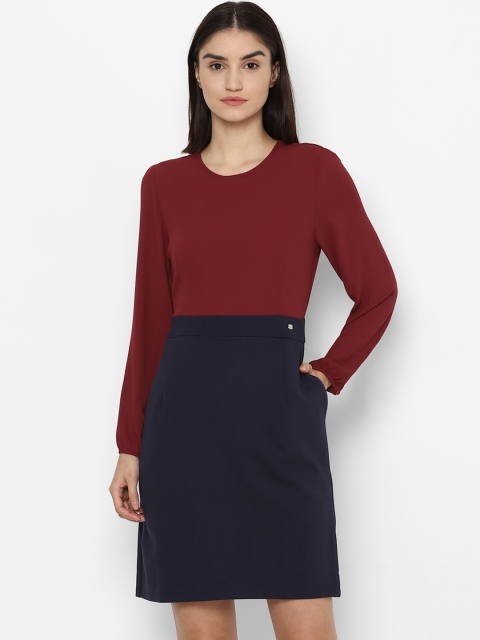 

Allen Solly Woman Maroon & Navy Blue Colourblocked Sheath Dress