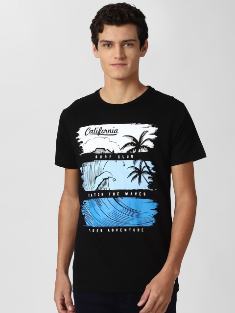 

Peter England Casuals Men Black & White Printed Slim Fit Pure Cotton T-shirt