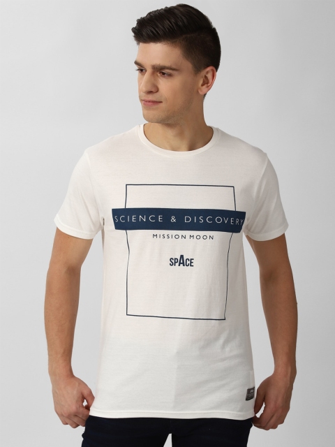 

Peter England Casuals Men Cream-Coloured & Blue Typography Printed Pure Cotton T-shirt