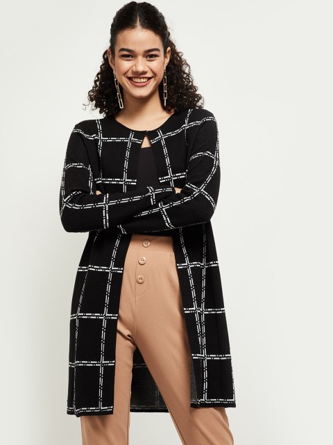 

max Women Black White Checked Longline Open Front Jacket