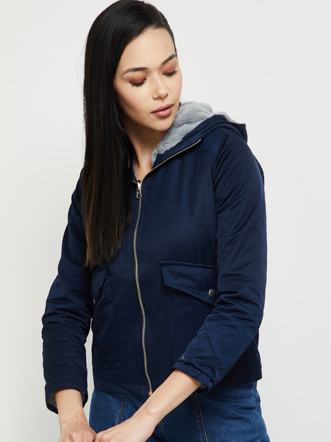 

max Women Navy Blue Windcheater Padded Jacket