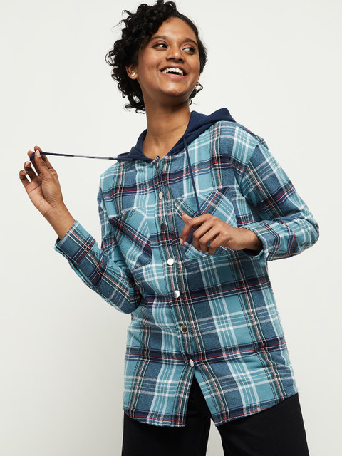 

max Women Blue White Checked Tailored Jacket