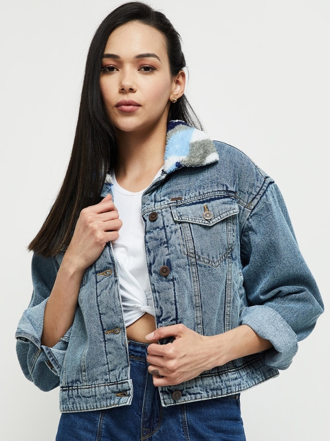 

max Women Blue Windcheater Denim Jacket
