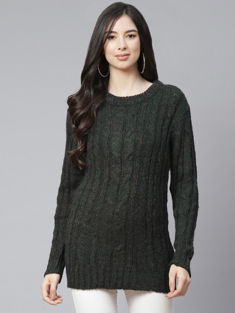 

RUNWAYIN Women Green Cable Knit Longline Pullover