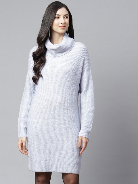 

RUNWAYIN Blue Wool Blend Turtle Neck Sweater Dress