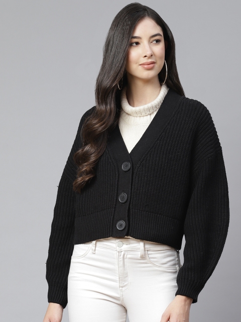 

RUNWAYIN Women Black 3 Button Ribbed Crop Cardigan