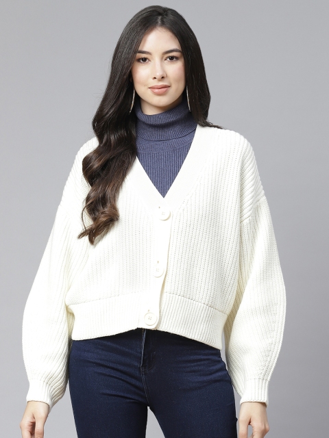 

RUNWAYIN Women Off White Ribbed Crop Cardigan