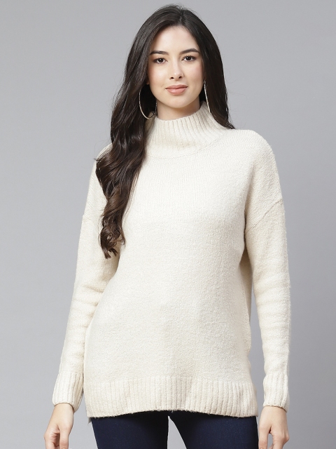 

RUNWAYIN Women Cream-Coloured High Neck Pullover