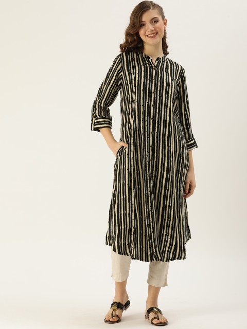 

AMUKTI Women Black Striped Princess Cut Kurta