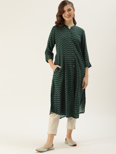 

AMUKTI Women Green Geometric Zig Zag Princess Cut Kurta