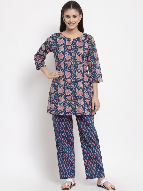 

Yuris Women Blue & Pink Floral Printed Pure Cotton 2 Pc Night Suit