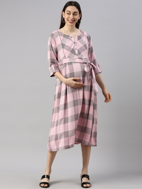 

GOLDSTROMS Pink Checked Maternity A-Line Midi Dress