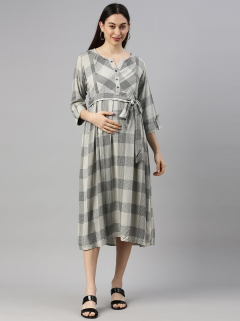 

GOLDSTROMS Women Grey & Black Checked Belted Pure Cotton Maternity Midi Dress