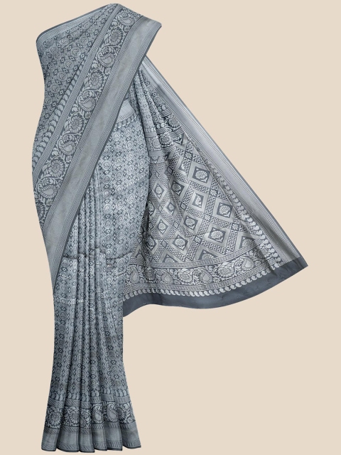 

KLM Fashion Mall Gunmetal-Toned & Black Floral Silk Blend Banarasi Saree, Metallic