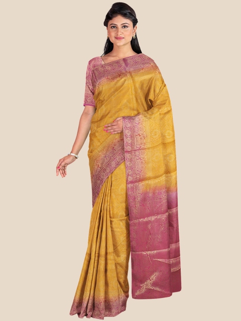 

KLM Fashion Mall Mustard & Purple Ethnic Motifs Zari Silk Blend Banarasi Saree
