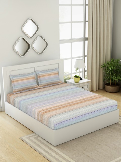 

SPACES Rust & Blue Striped 180 TC King Bedsheet with 2 Pillow Covers