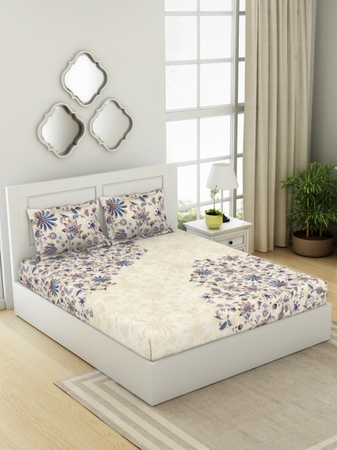 

SPACES Beige & Blue Floral 180 TC King Bedsheet with 2 Pillow Covers