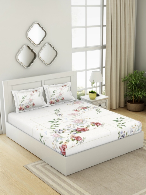 

SPACES White & Pink Floral Organic Cotton 180 TC King Bedsheet with 2 Pillow Covers