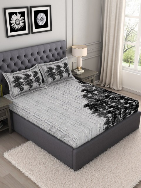 

SPACES Unisex Grey Floral Printed 210 TC King Bedsheet With 2 Pillow Cover