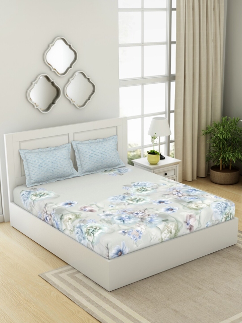 

SPACES Grey & Blue Floral 180 TC Organic Cotton King Bedsheet with 2 Pillow Covers