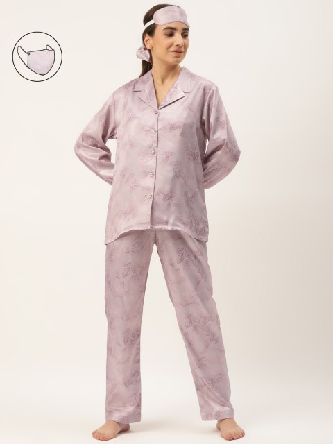 

Rapra The Label Women 6 Pcs Pink Tropical Print Satin Pyjama set