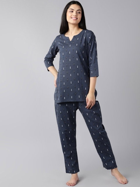 

AHIKA Women Navy Blue & White Printed Pure Cotton Night suit