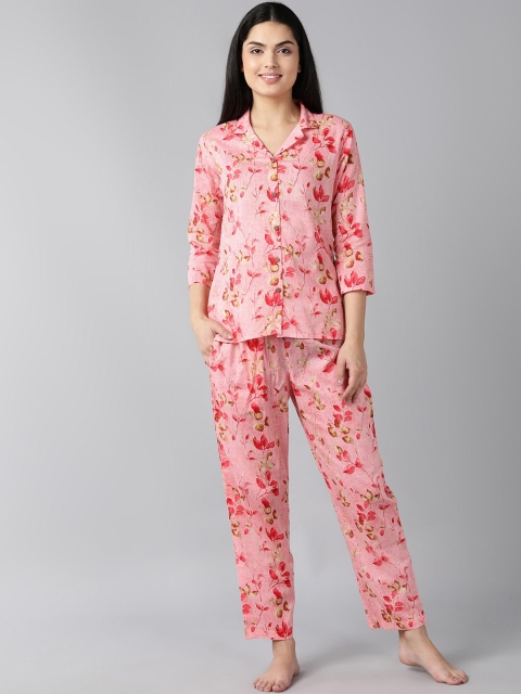 

AHIKA Women Pink & Red Printed Pure Cotton Night suit