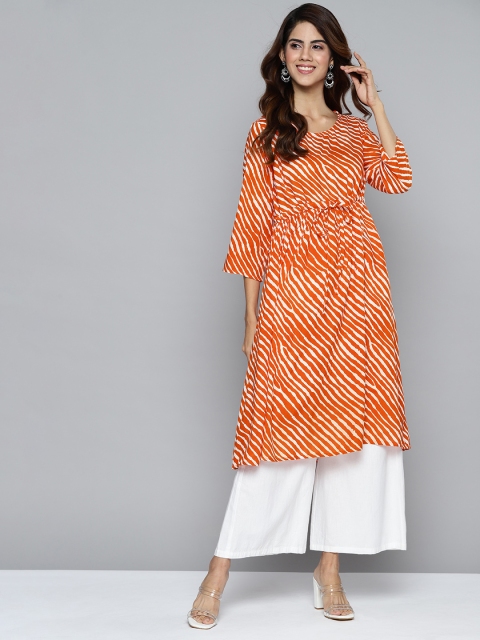 

HERE&NOW Women Orange & White Striped A-Line Kurta