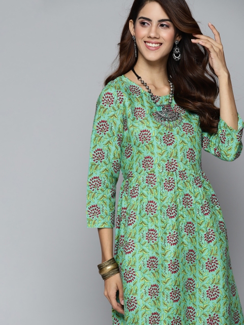 

HERE&NOW Women Green & Magenta Printed A-Line Kurta
