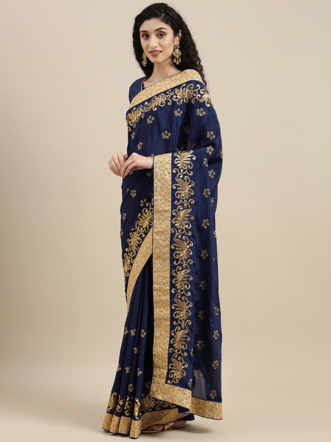 

SERONA FABRICS Navy Blue & Gold-Toned Ethnic Motifs Zari Pure Chiffon Saree
