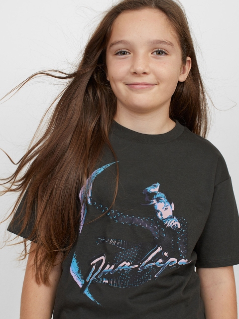 

H&M Girls Grey & Blue Oversized Printed Pure Cotton T-shirt