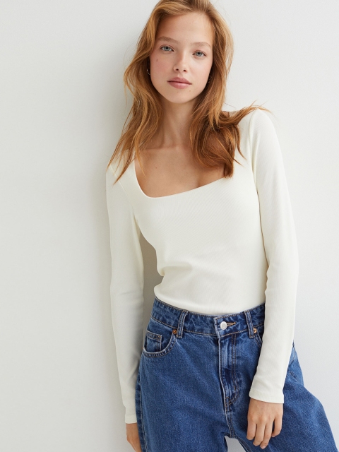 

H&M Women White Ribbed Thong Bodysuit