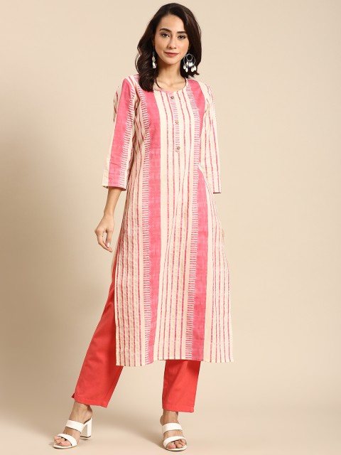 

Prakrti Women Off White Stripe gold print cotton kurta