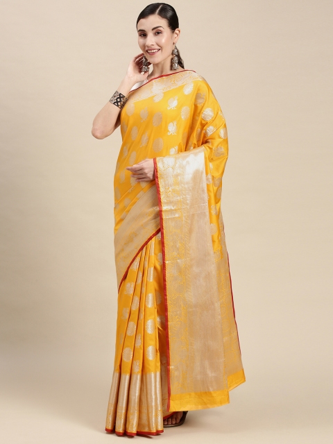 

Mitera Yellow & Gold-Toned Woven Design Banarasi Saree