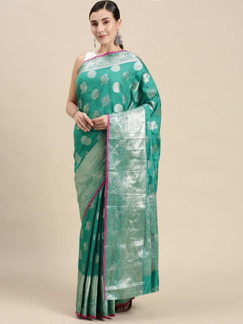 

Mitera Green & Silver-Toned Woven Design Banarasi Saree