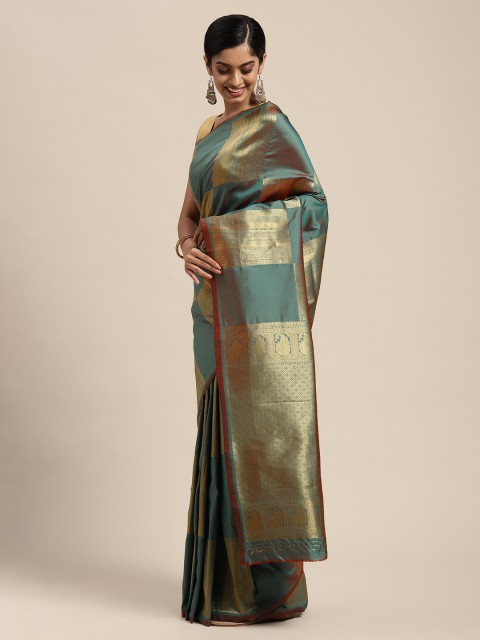 

Mitera Teal Blue & Gold-Toned Woven Design Zari Silk Blend Handloom Banarasi Saree