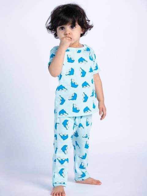 

Cuddles for Cubs Kids Blue & White Printed Pure Cotton Night suit