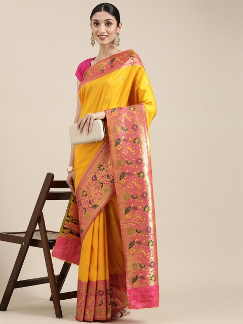 

Mitera Yellow & Pink Ethnic Motifs Woven Zari Silk Blend Banarasi Saree