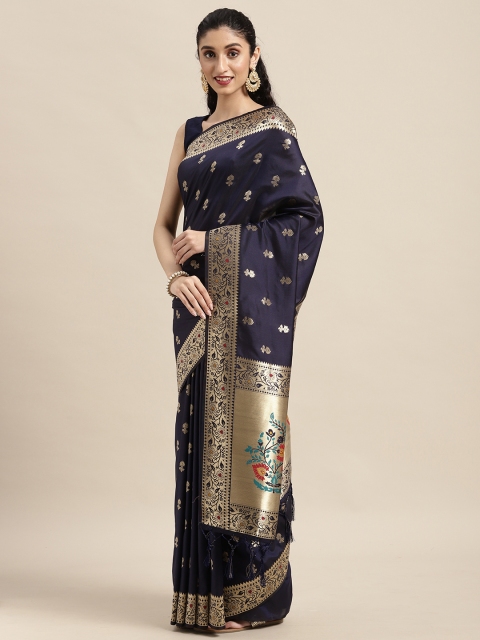 

Mitera Navy Blue & Gold-Toned Floral Zari Silk Blend Banarasi Saree